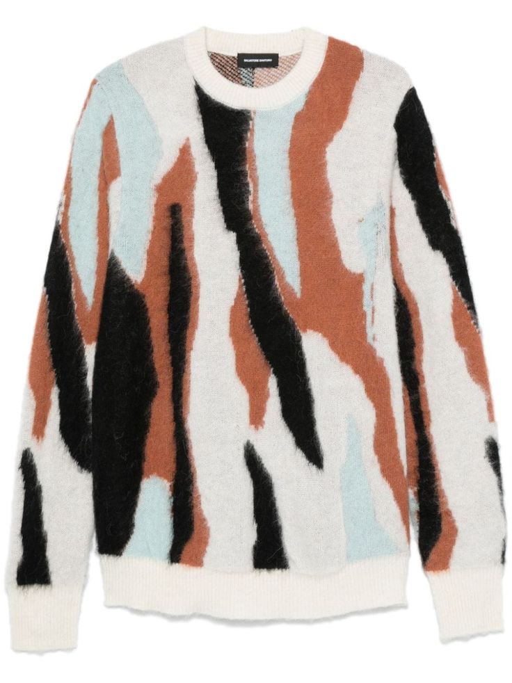 white/multicolour knitted construction brushed effect ribbed trim crew neck abstract pattern intarsia drop shoulder long sleeves straight hem Machine Knit Sweater Pattern, Intarsia Sweater, Red Valentino Shoes, Knitwear Men, Sweater Knitting Patterns, Wool Blend Sweater, Sweater Pattern, White Sweaters, Abstract Pattern