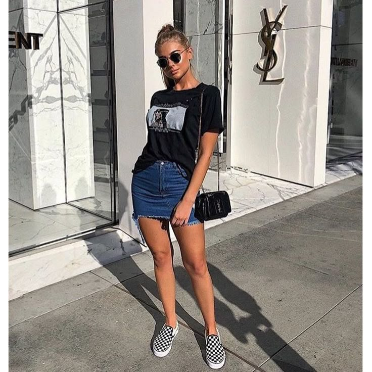 Denim skirt, tshirt, vans slip on. Denim Skirt Tshirt Outfit, Vans Tshirt Outfits, Denim Skirt And Tshirt Outfits, Slipon Vans Outfit, Skirt And Vans Outfit, Vans Checkerboard Outfit Women, Skirt With Vans, Skirt Tshirt Outfit, Slip On Vans Outfit