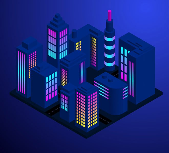 an image of a city with neon lights on it's buildings and skyscrapers