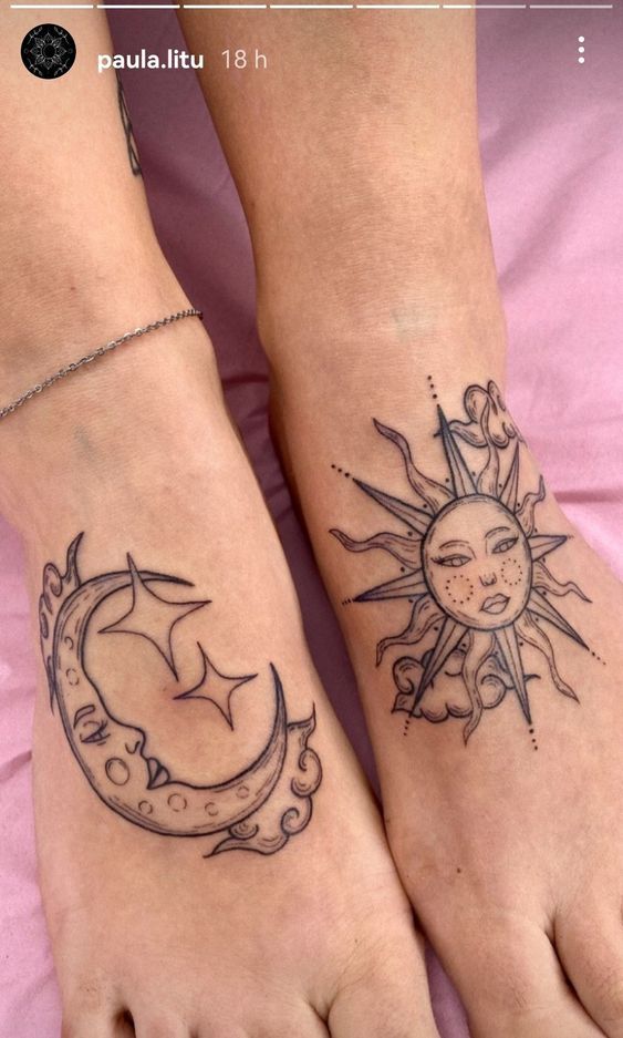 two sun and moon tattoos on both feet, one with the same tattoo as the other