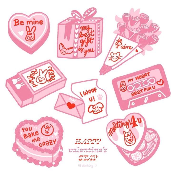 pink valentine's day stickers are arranged in the shape of hearts and envelopes