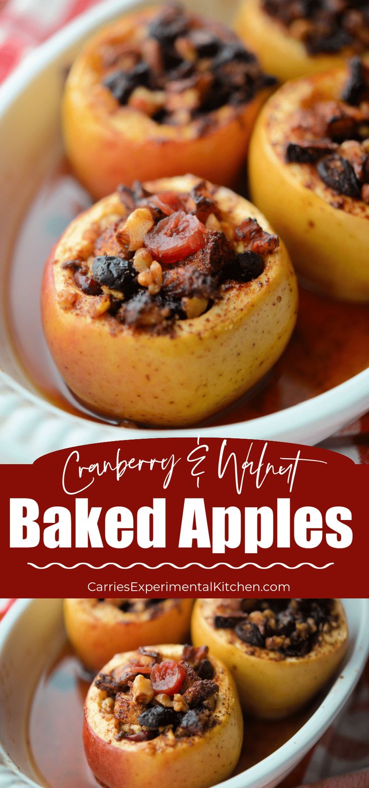 baked apples with cranberry and walnut toppings in a white dish on a red checkered tablecloth