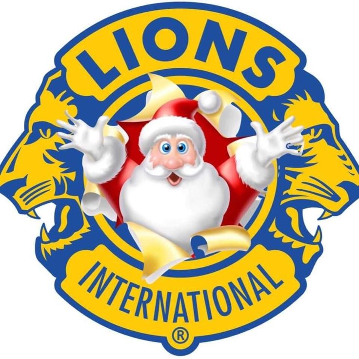 the lions international logo with santa clause on it's chest and hands in the air