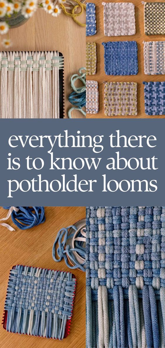 there are many different types of weavings on the table with text that reads everything there is to know about potholder looms