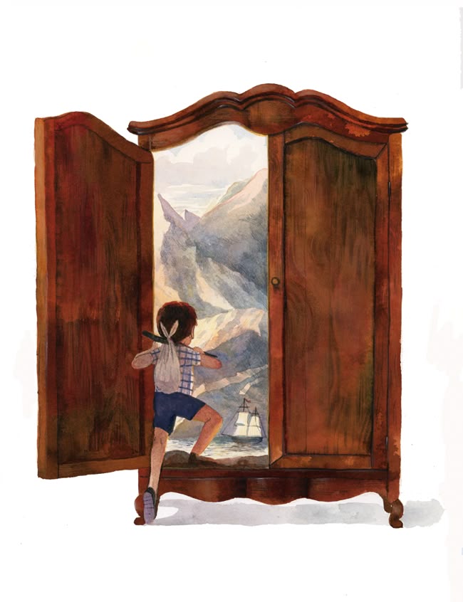 a painting of a girl standing in front of an armoire looking at the mountains