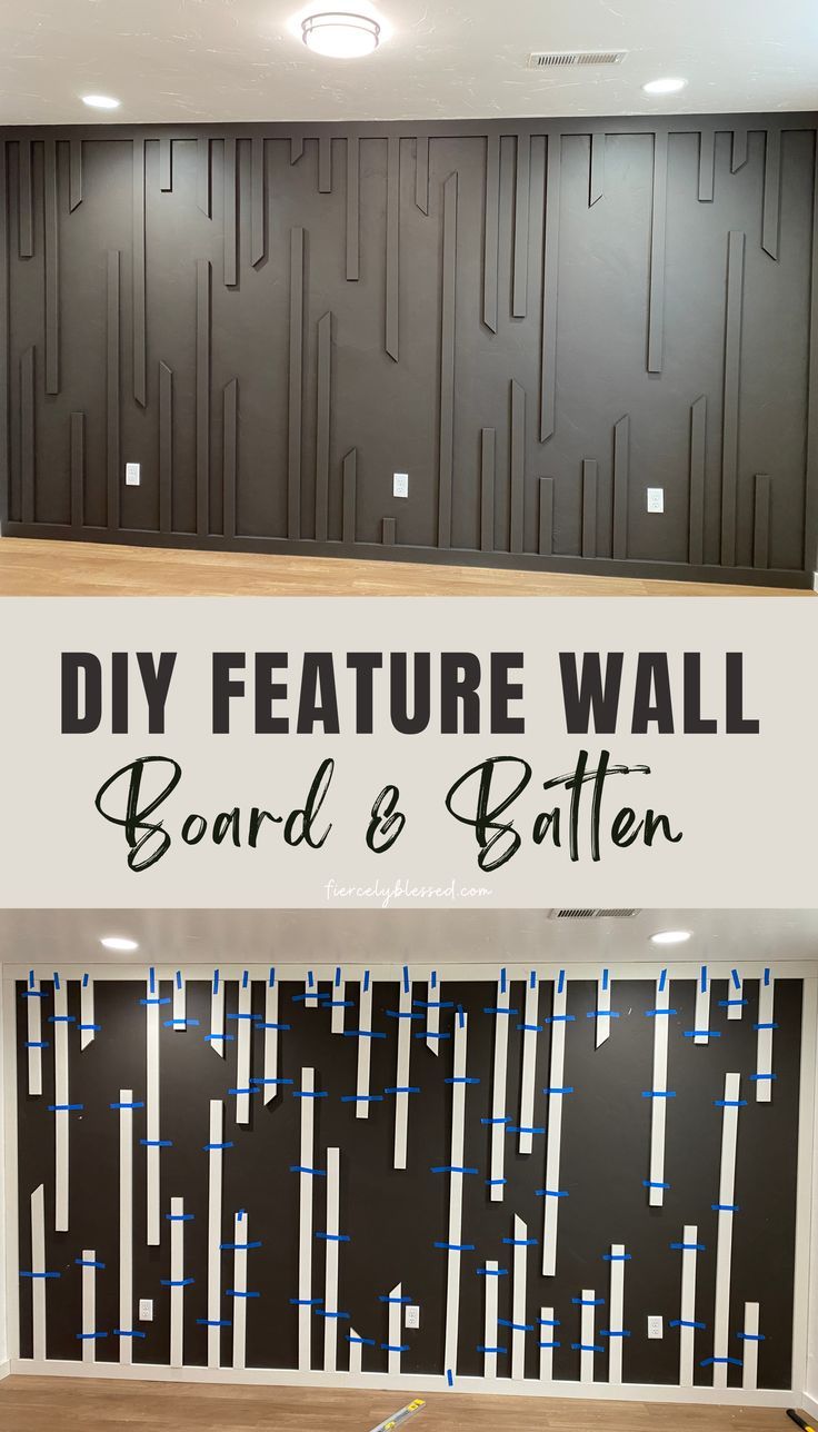 the diy feature wall board and batten is displayed in front of a wooden floor