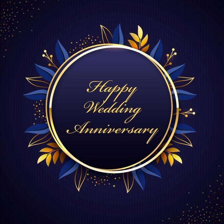 a happy wedding anniversary card with gold and blue flowers on a dark background, surrounded by confetti