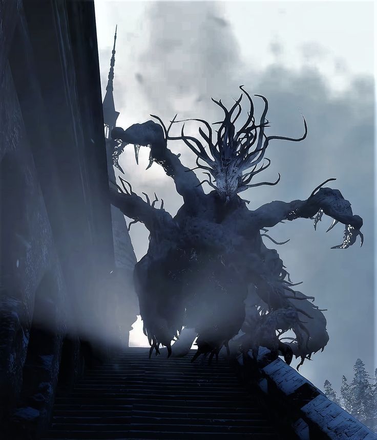 a giant creature standing on top of a set of stairs