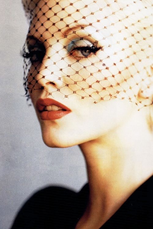 Nadja Auermann. Harper’s Bazaar US January 1995. Michaela Bercu, Nadja Auermann, Shalom Harlow, Lara Stone, Stephanie Seymour, Helena Christensen, Birdcage Veil, Linda Evangelista, Claudia Schiffer