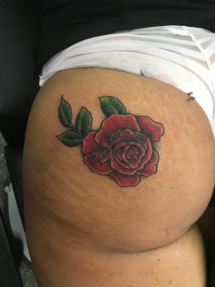 Butt cheek rose tattoo coverup Cheek Tattoo, Tattoo Coverup, Red Rose Tattoo, Thigh Tattoos, Tattoos For Black Skin, Cute Tattoos For Women, Cover Up Tattoo, Hot Tattoos, Cover Up Tattoos