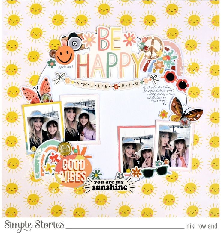 a scrapbook page with sunflowers and flowers on it, including the words be happy