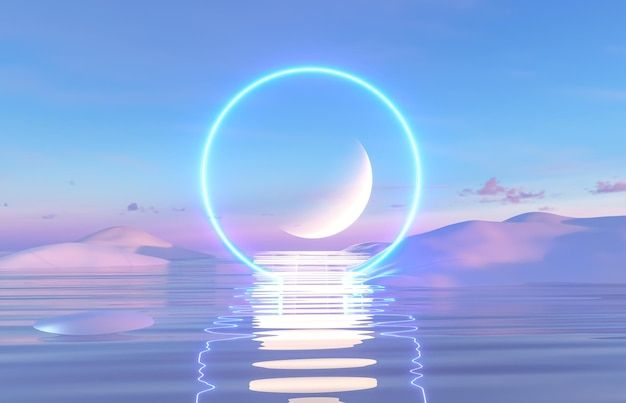 an image of a blue ring floating in the air over water with mountains in the background