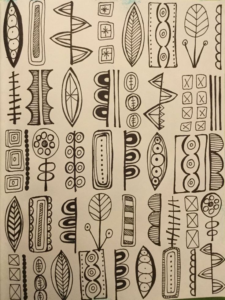 a drawing of different types of shapes and sizes in black ink on white paper with green trimmings