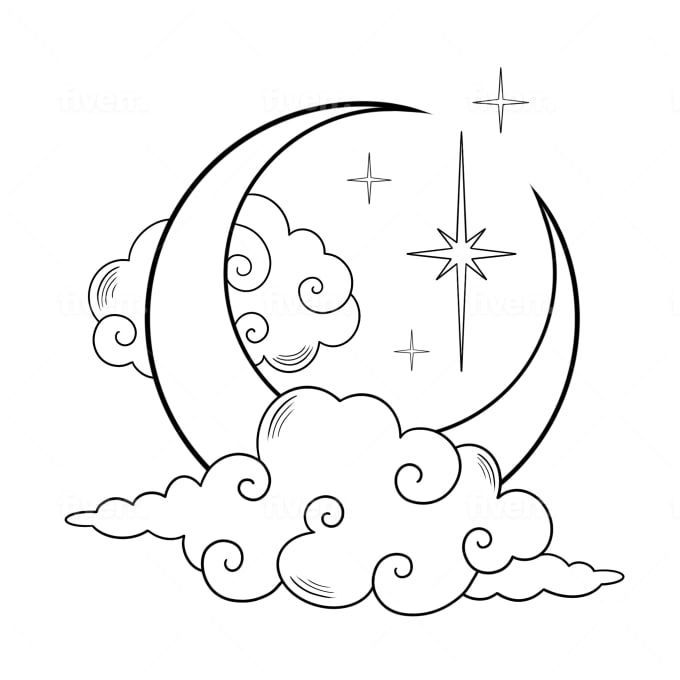 a drawing of the moon with clouds and stars