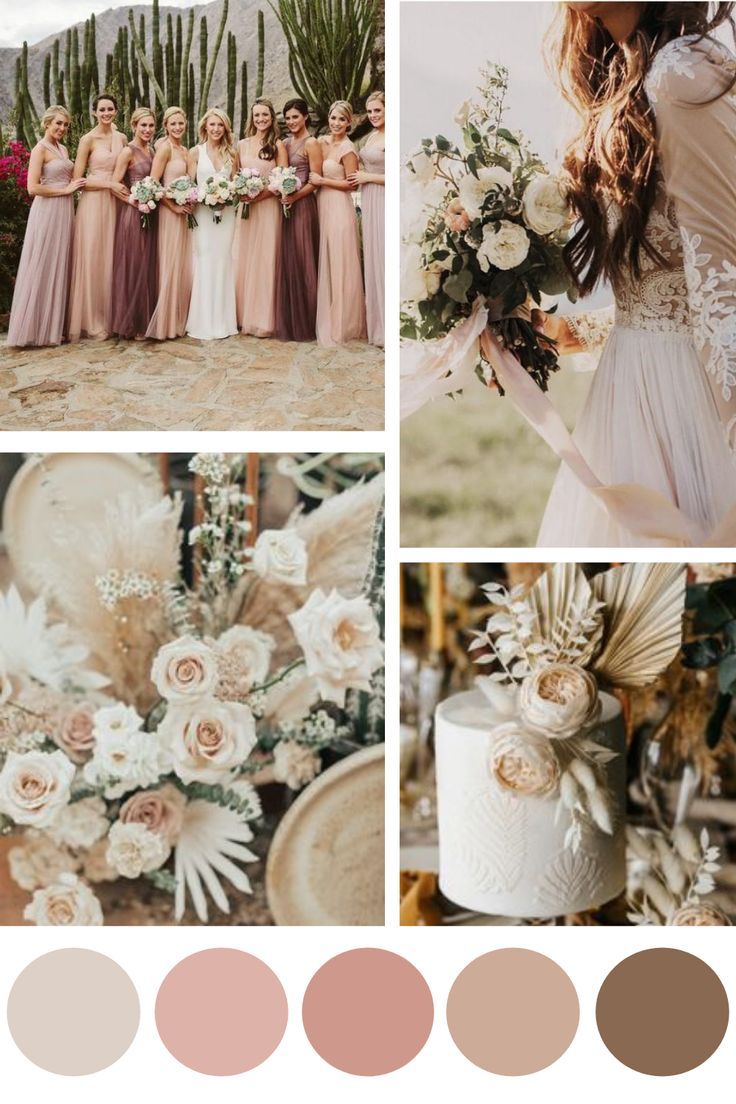 a collage of photos with different colors and flowers in them, including the bridesmaid's dress