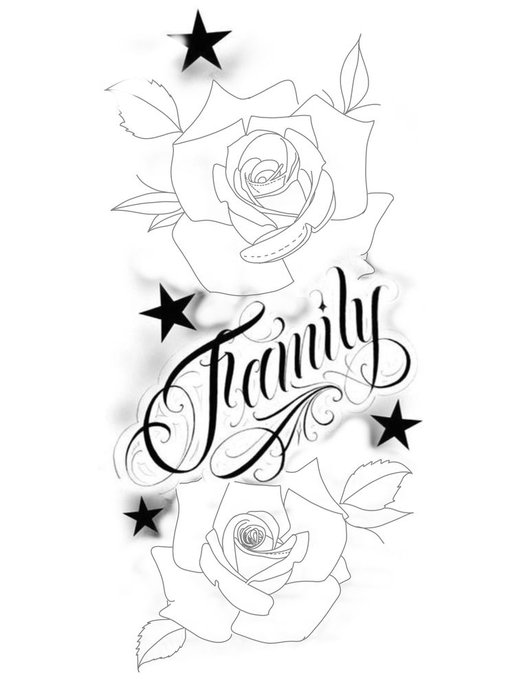 the word family written in black ink with roses and stars