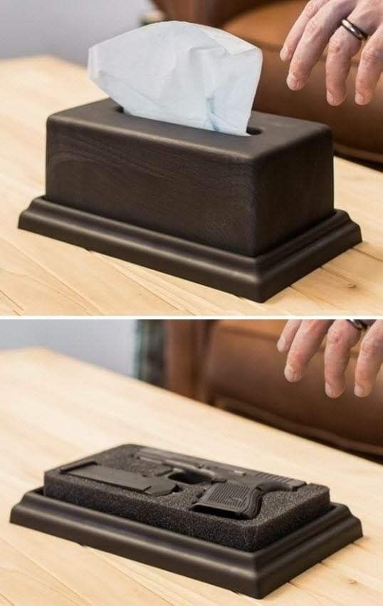 two pictures of a tissue dispenser on top of a wooden table, one showing the napkin dispenser