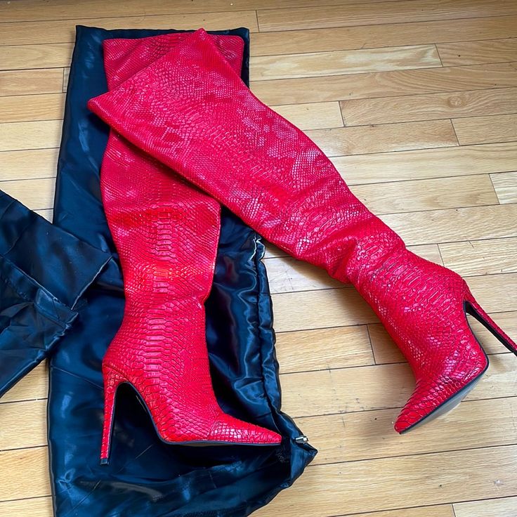 Python Red Vixen Thigh High Boots *New* This Is A Sexy Shoe Right Here Show Stopper For Sure This Is A Sexy Thigh High Snake Embossed Leather. This Is Perfect For Any Outfit Wether Casual Or A Night Out. This Has A 4 1/2 Inch Heel. Comes With A Shoe Dust Bag For Each Boot. Size Us 5 / European 35 Multi Color Thigh High Boots, Trendy Red Knee-high Boots For Party, Trendy Red Knee-high Party Boots, Red Knee-high Boots For Evening, Elegant Red Knee-high Boots For Party, Fitted Bold Winter Boots, Red High Heel Boots For Club, Red Thigh High Heeled Boots, Fitted Red Knee-high Boots For Party