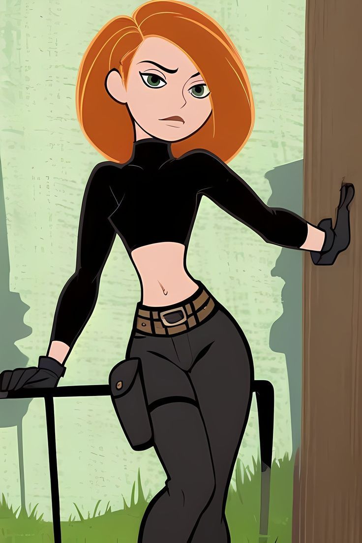 a woman with red hair standing next to a wooden pole wearing black pants and gloves