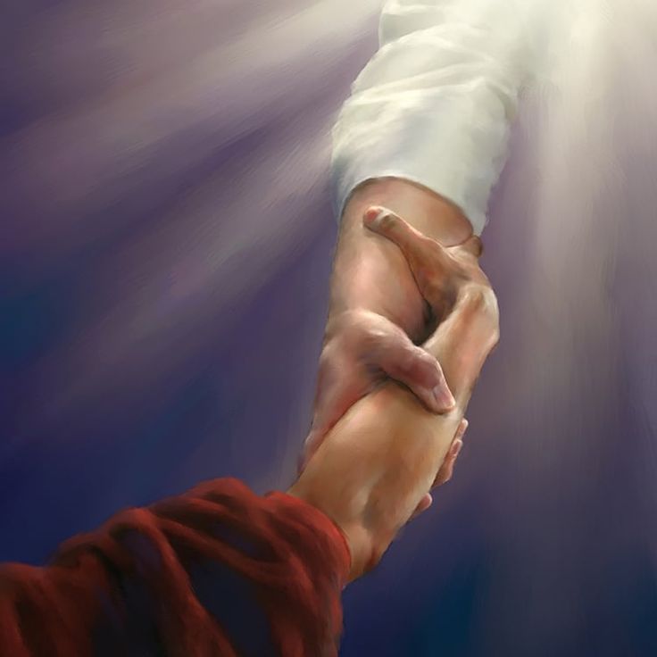 two hands holding each other with sunlight streaming through the sky behind them in this artistic painting