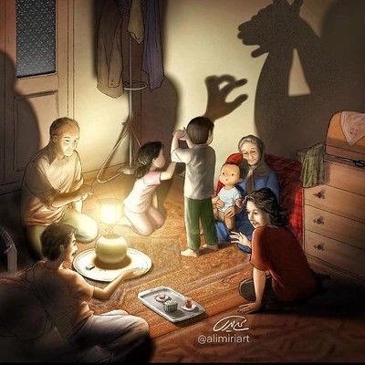 a group of people sitting around a child's room with a shadow on the wall