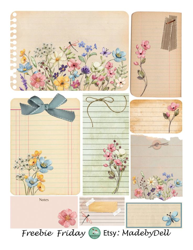 four different images with flowers and writing paper on them, one has a blue bow