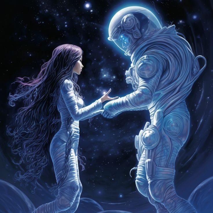 two people in space touching hands with each other