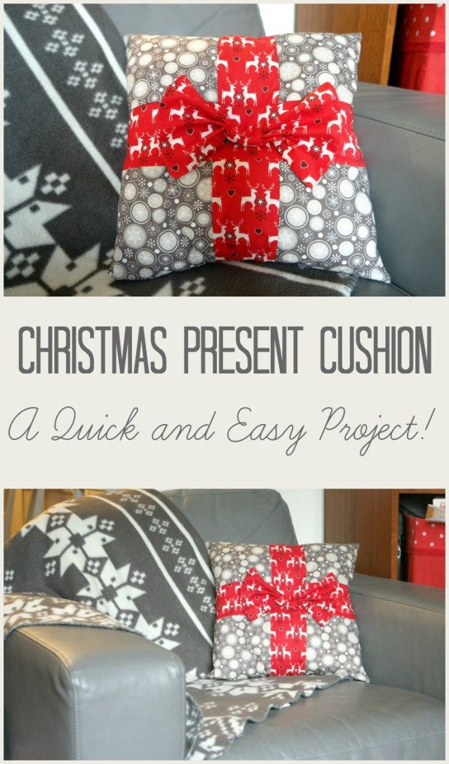 christmas present cushion on a couch with the words, quick and easy project in red