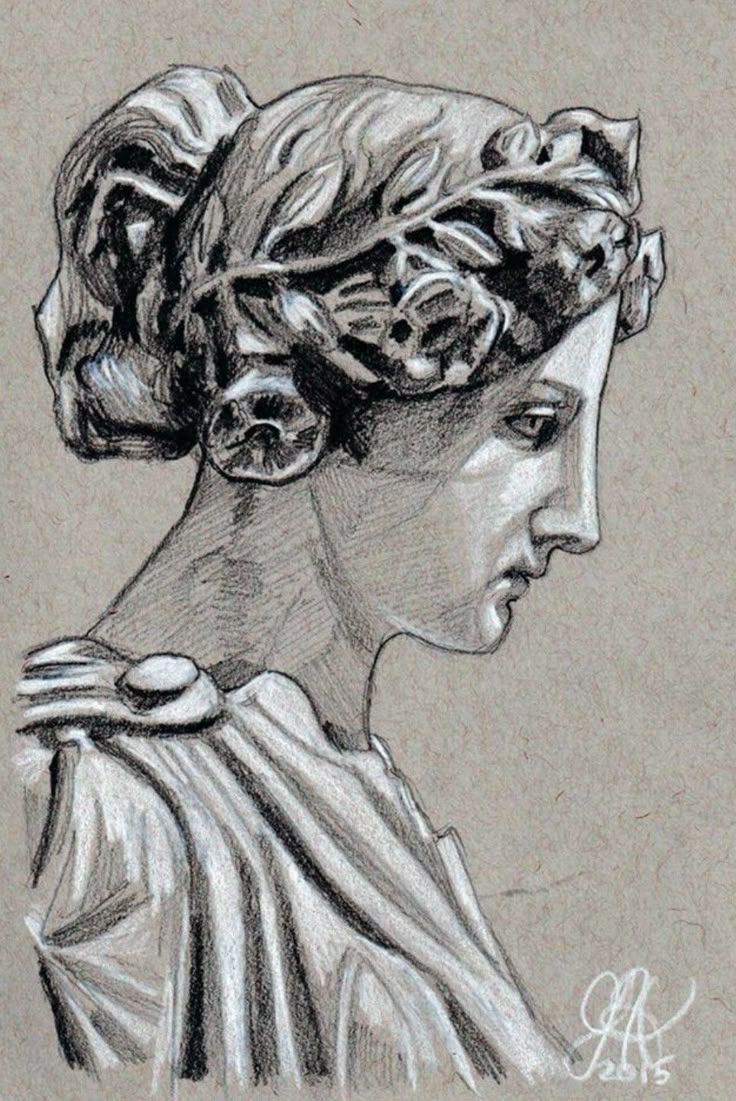 a black and white drawing of a woman's head