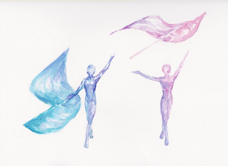 three watercolor paintings of ballet dancers holding flags and waving them in the wind on a white background