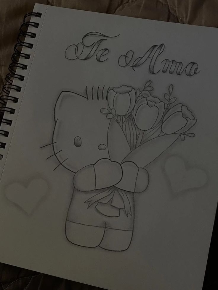 a drawing of a hello kitty holding flowers