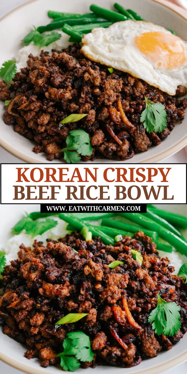 korean crispy beef rice bowl on a white plate