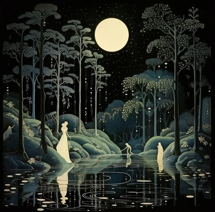 a painting of two people standing in the water at night