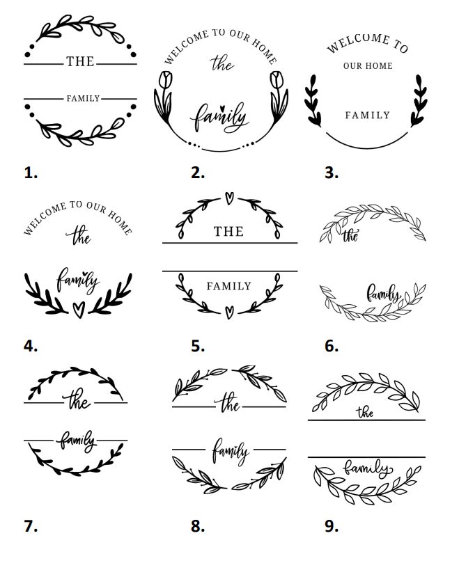 a set of hand drawn wreaths with the words welcome to our home and family