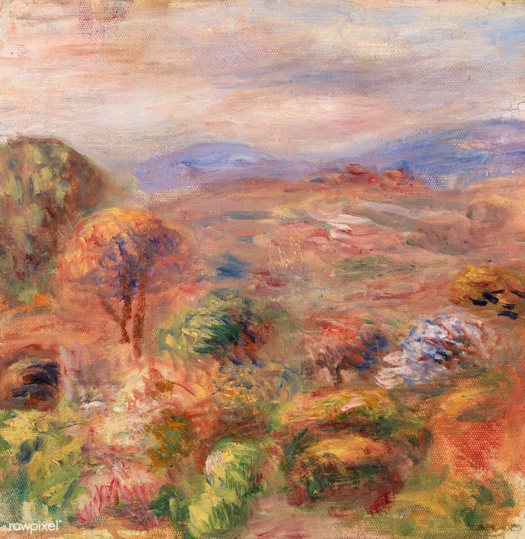 an oil painting of trees and hills in the distance