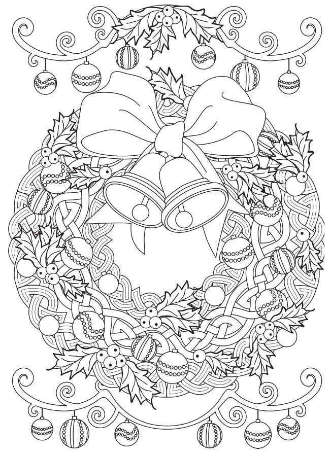 a christmas wreath with bells and ornaments in the middle, surrounded by holly leaves and other decorations