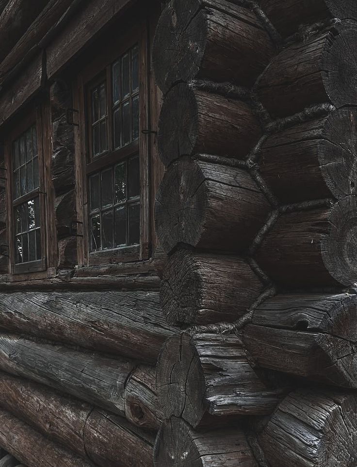 logs stacked on top of each other in front of a wooden building with glass windows