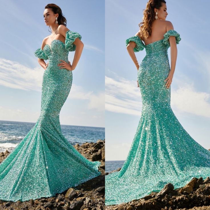 two photos of a woman in a green dress standing on rocks near the ocean with her hands on her hips