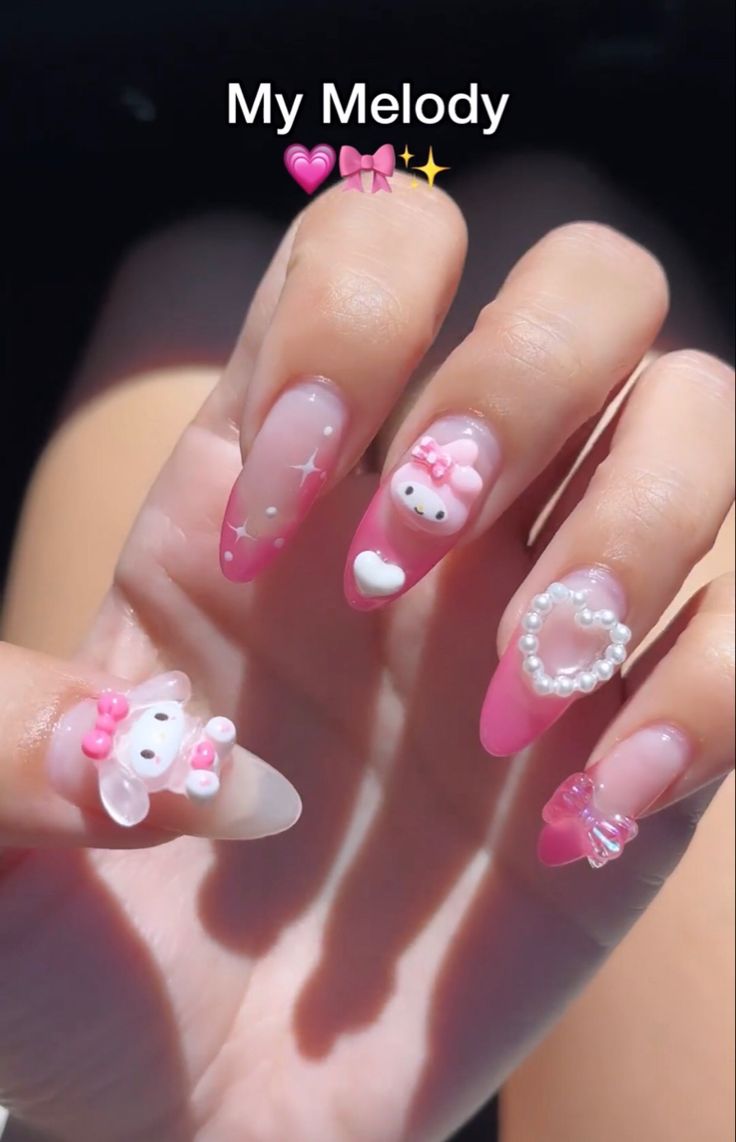 My Melody Nails Almond, Kawaii Nails With Charms, Hello Kitty Nail, Hello Kitty Nails Art, Slime Charms, Nail Art Charms, Nails 2022, Hello Kitty Nails, Classy Acrylic Nails