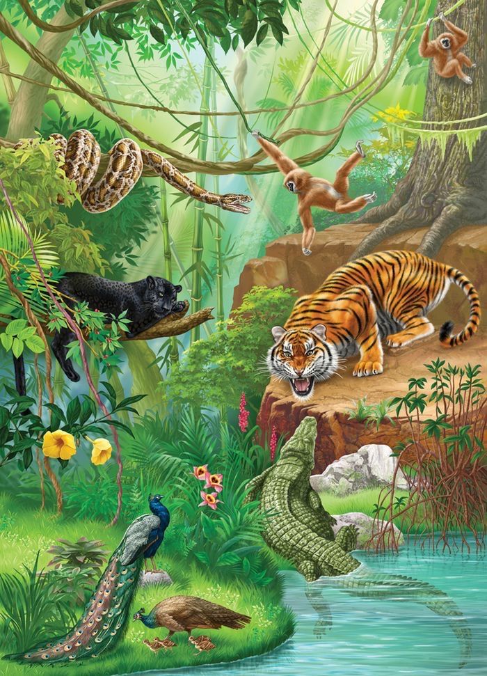 a painting of different animals in the jungle