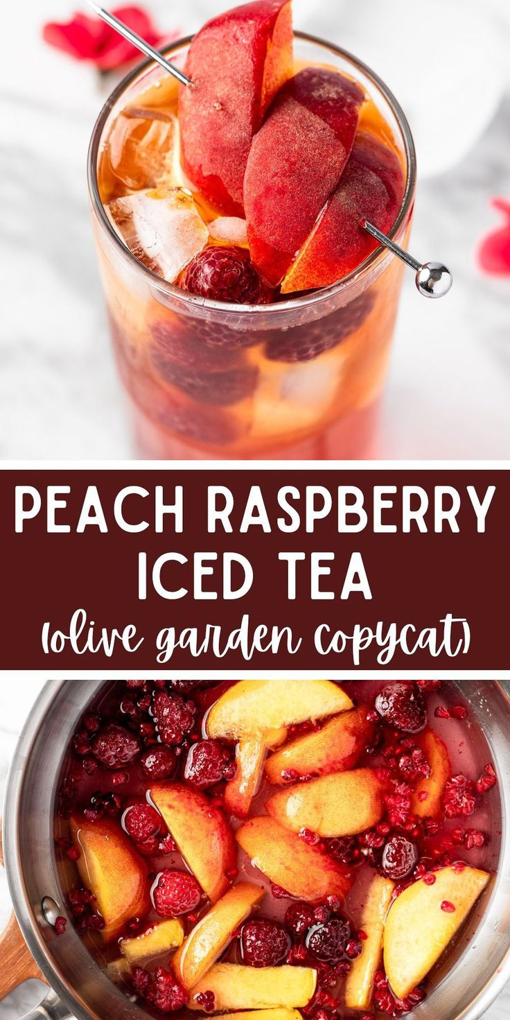 peach raspberry iced tea in a pot with text overlay