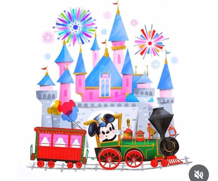 an image of mickey mouse in front of a castle with fireworks and balloons on it