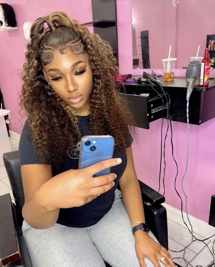 Two Ponytails Half Up Half Down Curly Wig, Curly Hair Installation Styles, Half Up Half Down Wet And Wavy Wig, Clean Hairstyles, Lace Hairstyles, Hair Installation, Scrunchie Bun, Chinese Bangs, Lace Wigs Styles