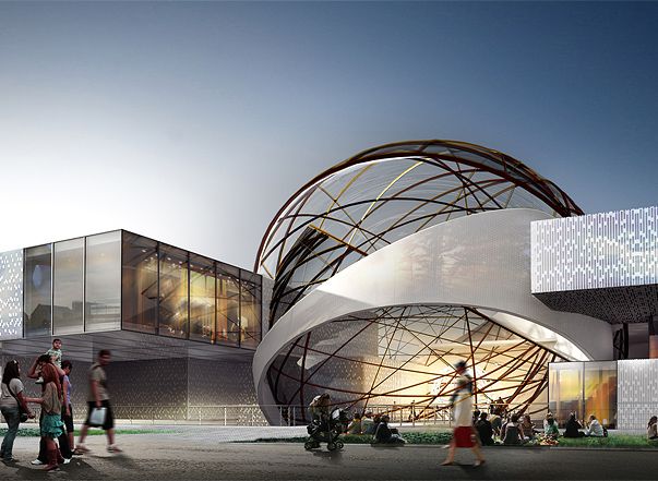 an artist's rendering of a building with people walking around it