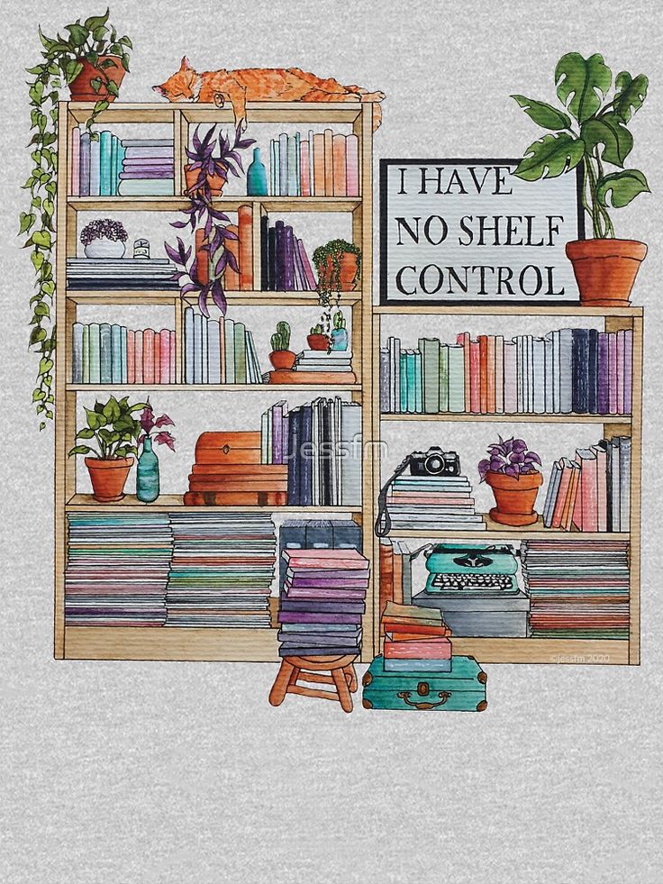 a book shelf filled with lots of books next to a potted plant and an old typewriter