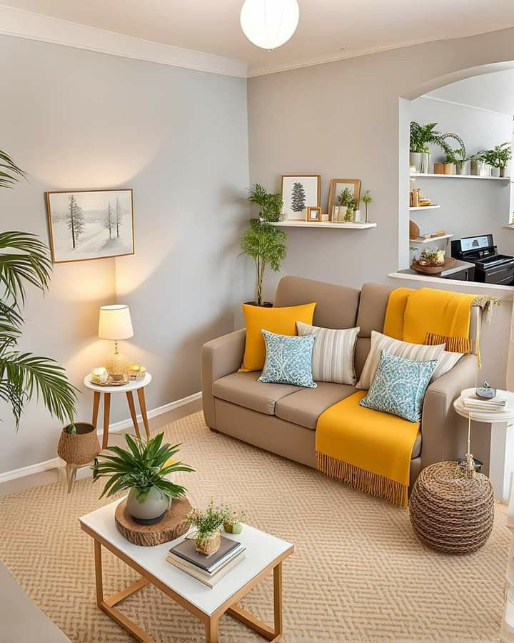 a living room filled with furniture and lots of plants on top of the couches