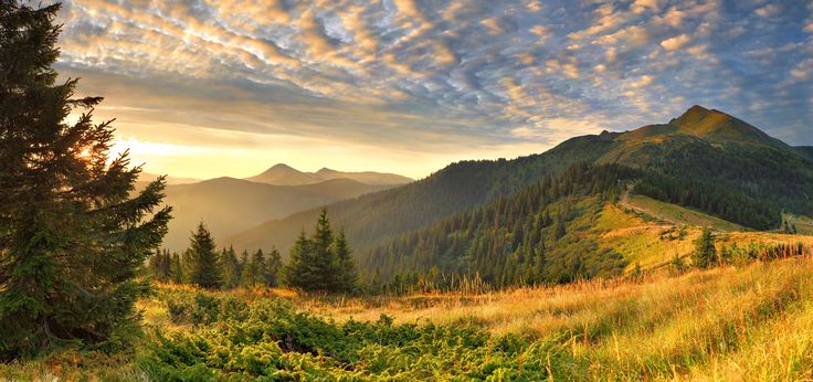 the sun is setting in the mountains with trees and grass on both sides of it