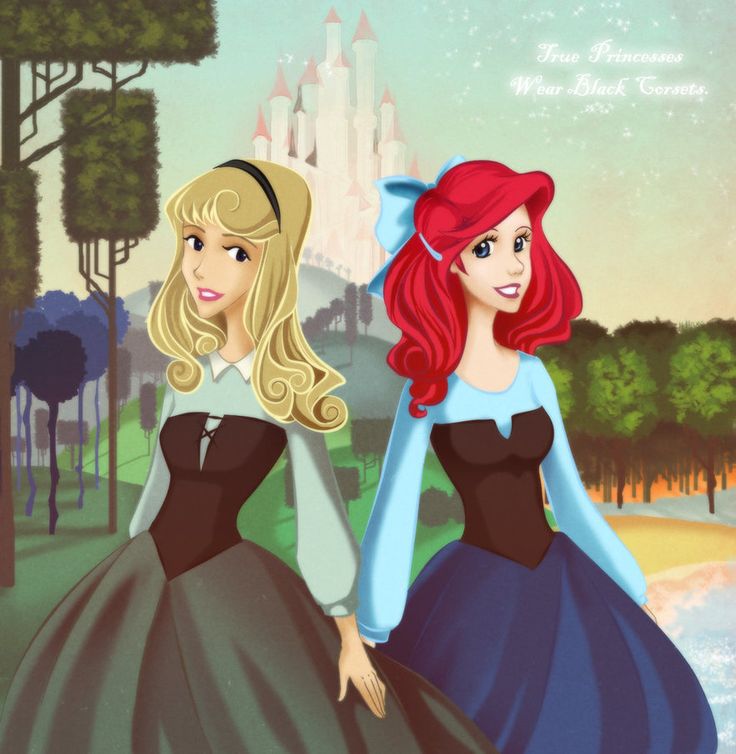 there are two women that are standing next to each other in front of a castle