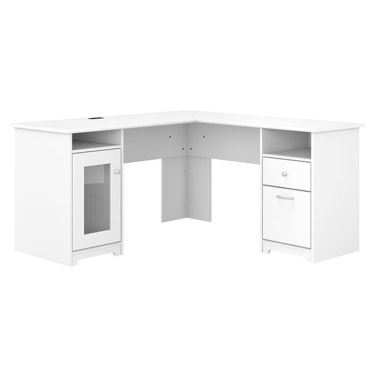 a white desk with two drawers and an open door on the front side, against a white background