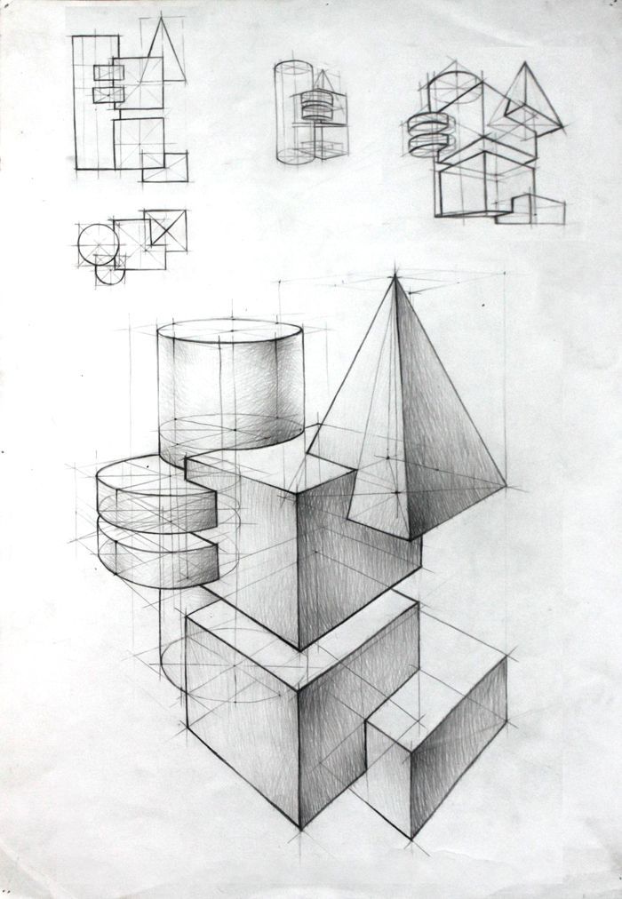 a drawing of various shapes and sizes on paper with lines in the shape of cubes